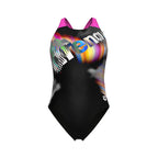 Arena Dames Lit Logo Swimsuit V Back black/shocking-pink