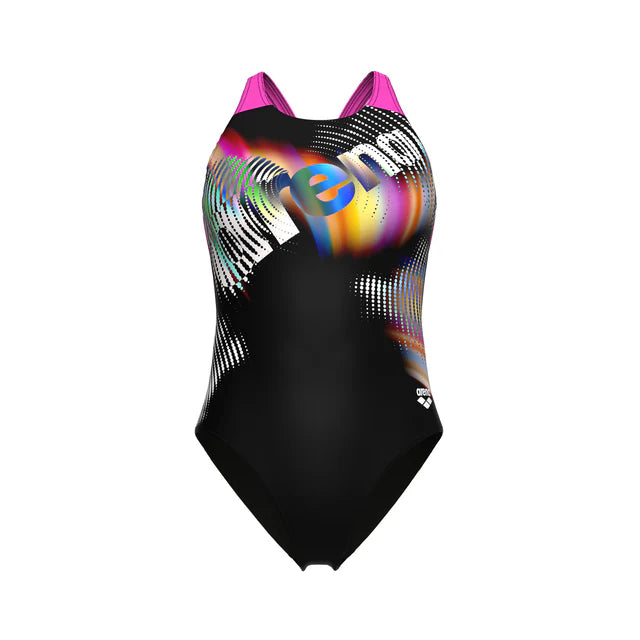 Arena Dames Lit Logo Swimsuit V Back black/shocking-pink