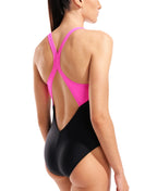 Arena Dames Lit Logo Swimsuit V Back black/shocking-pink