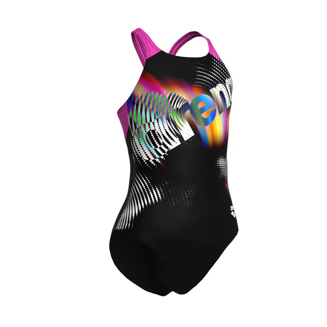 Arena Meisjes Lit Logo Swimsuit V Back L black/shocking-pink (Kinderen)