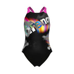 Arena Meisjes Lit Logo Swimsuit V Back L black/shocking-pink (Kinderen)