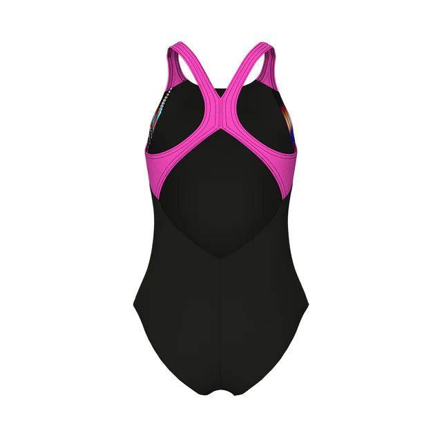 Arena Meisjes Lit Logo Swimsuit V Back L black/shocking-pink (Kinderen)