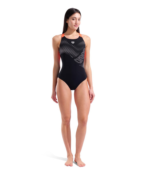Arena Distortion Swimsuit V Back black/bright-coral